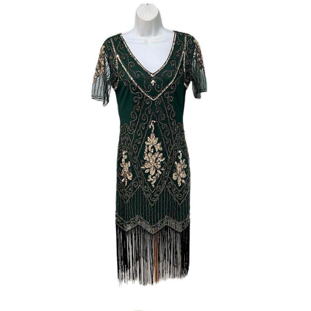 Babeyond Beaded Embroidered Fringed Flapper Dress Size S Green Gold Sequins